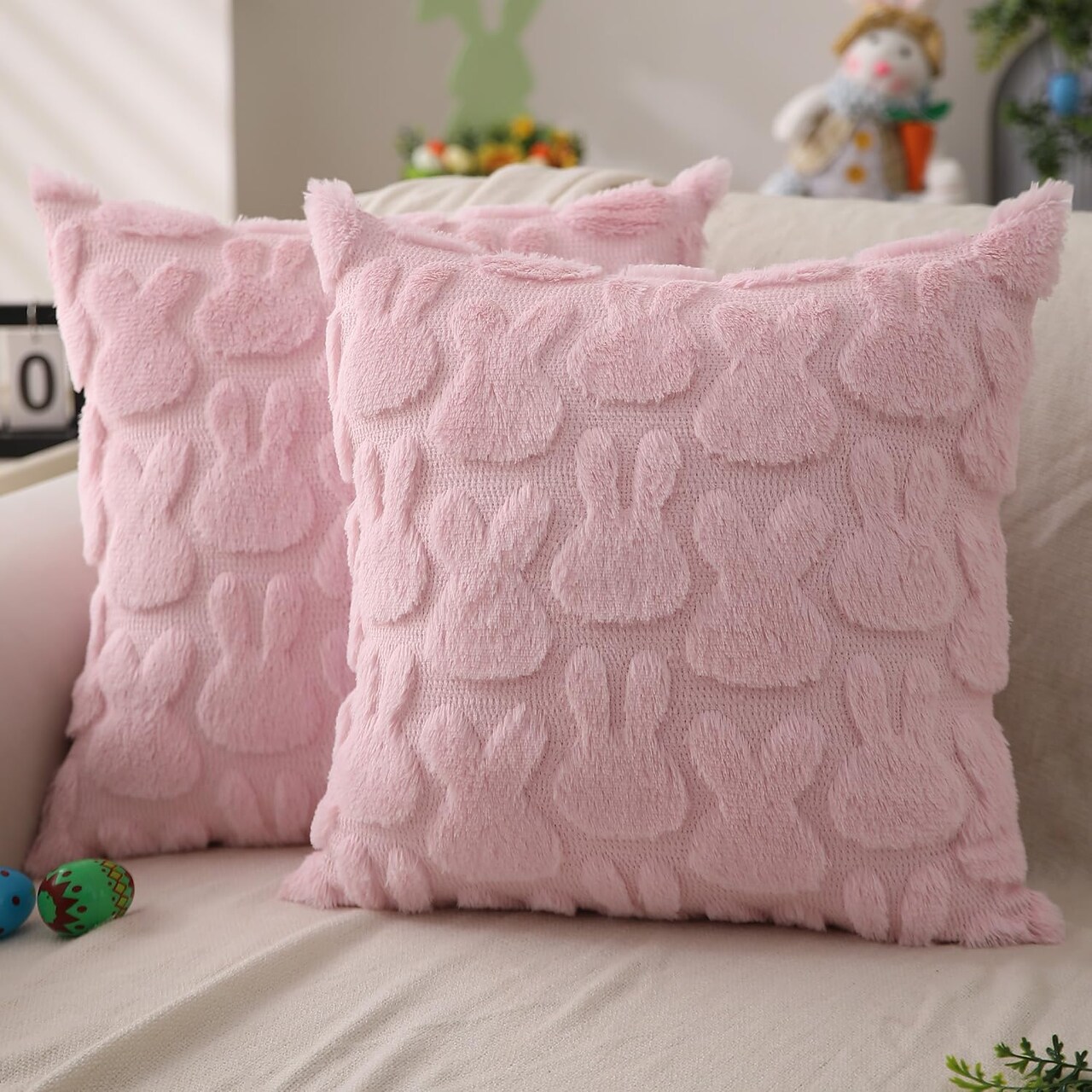 Easter Pillow Covers 18x18 inch Set of 2 Easter Decoration Pink Rabbit Soft Plush Faux Fur Jacquard Throw Pillows
